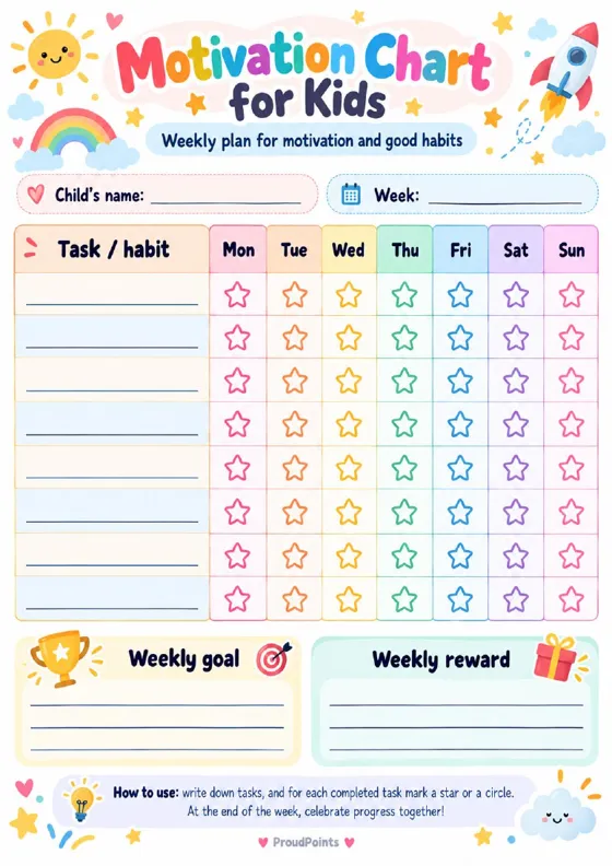 Free printable reward chart for kids by ProudPoints