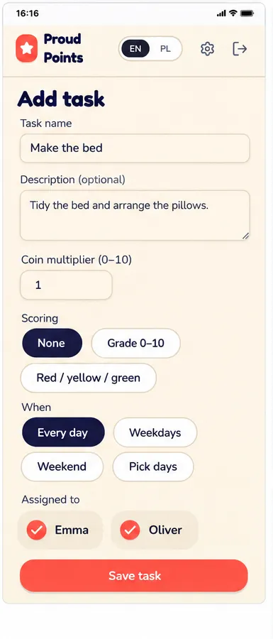 Adding a new chore with scoring and schedule in ProudPoints