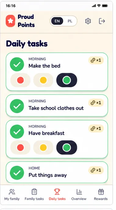 Child's daily task view with points in ProudPoints