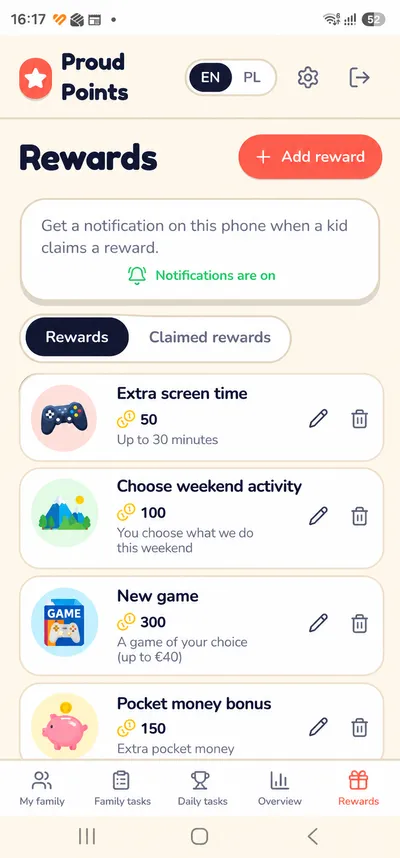 Rewards catalog kids can exchange points for in ProudPoints