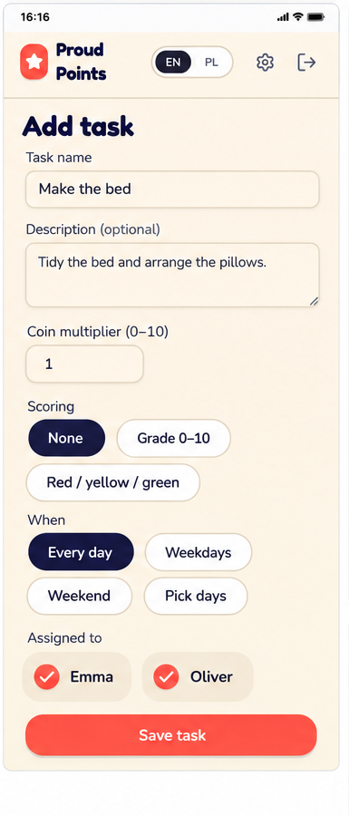 Añadir una nueva tarea con puntuación y horario en ProudPoints